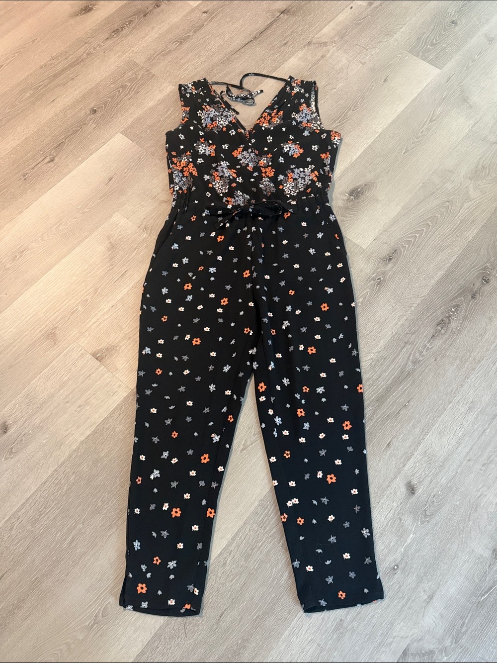 LOFT Black Floral Sleeveless Jumpsuit with Orange and White‎ Flowers